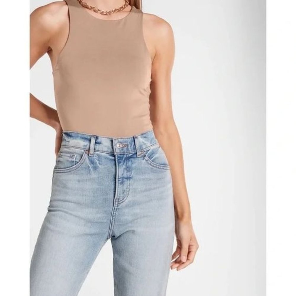 NWT Express Tan/Beige Compression Body Contour High Neck Thong Bodysuit Size S